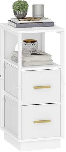 Hzuaneri Nachttisch, Beistelltisch mit Offenes Fach, Schmal | mit 2 Stoffschublade, Modern, für Schlafzimmer, Wohnzimmer, 30 x 24 x 60 cm, Weiß NS52303W
