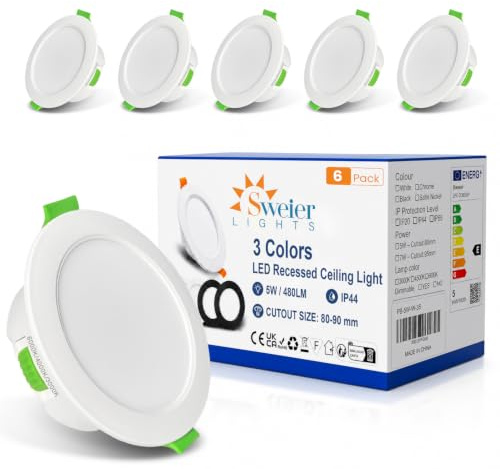 Sweier IP44 Focos LED Interior Techo 5W Regulables 3000K/4000K/6000K con Brillo de 5%-100%, Ojos de Buey Foco AC220-240V, Orificio 80-90mm Pack 6