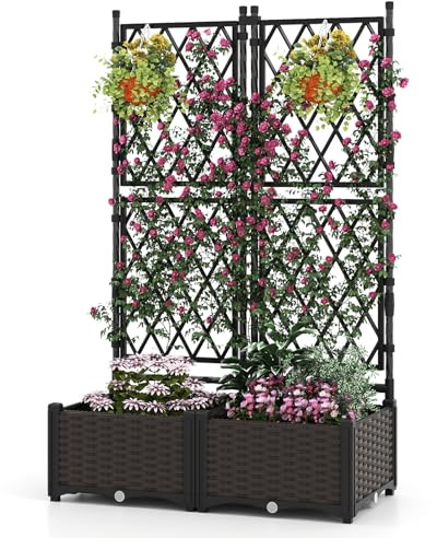 HOMASIS Lit de Jardin Surélevé avec Treillis, Jardinière d’Extérieur avec Disque Auto-Arrosant, Trous de Drainage, Bac à Fleurs pour Plantes Grimpantes, Légumes 80 x 40 x 126 cm (Noir)