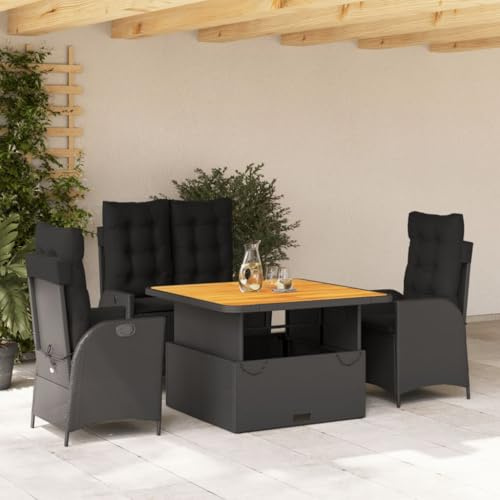IKAYAA Ratan Gartenmöbel Set 4 Personen Terrassenmöbel Set mit 1 Verstellbarer Relaxbank, 2 Verstellbarer Sessel und 1 Höhenverstellbarer Gartentisch Balkon Set für 4 Personen Schwarz Type-8