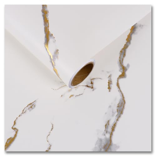 CRE8TIVE Papier Peint Adhesif Marbre Blanc Papier Adhesif pour Meuble Cuisine Amovible Mat Vinyle Adhesif Gris Or 30 x 200cm Papier Peint Salle de Bain Impermeable Film pour Meuble Armoire