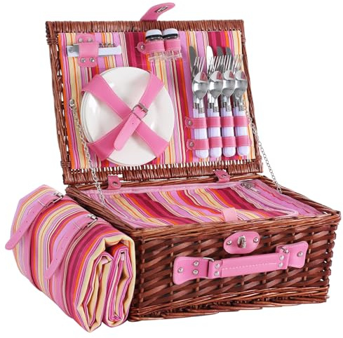 HYBDAMAI Juego de cesta de picnic de mimbre para 4 personas con tapa y asa, cesta de picnic con forro lavable y juego de cubiertos para exteriores, camping, Halloween, Navidad y cumpleaños