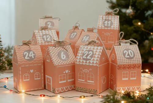 Calendario dell'Avvento da riempire, grandi scatole regalo con adesivi, 24 pezzi, casa di pan di zenzero, calendario dell'Avvento fai da te, 8 x 8 x 14 cm