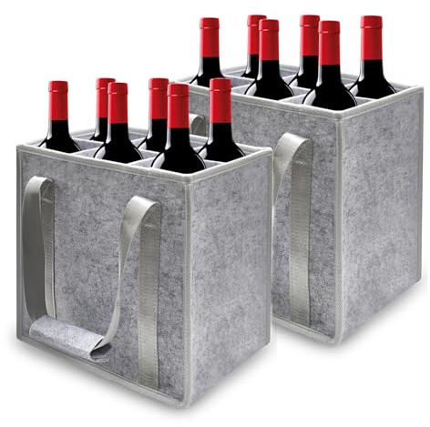 Flaskväska set om 2 för 6 flaskor, flaskhållare i solid filt med handtag, vikbar flaskhållare med avdelare, shoppingväska för vattenflaskor, vin och öl, 27 x 20 x 20 x