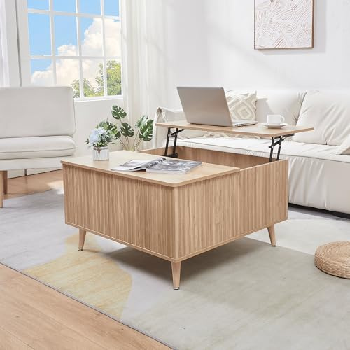 Höhenverstellbarer Couchtisch mit Stauraum, Quadratischer Kaffeetische mit Ausziehbarer Ablage, Couch Wohnzimmertisch mit gerillter Platte für Wohnzimmer, Home-Office, Studio oder Schreibtisch