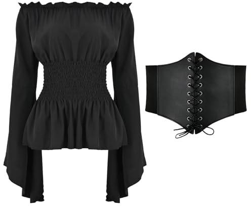 Generisch Blusa elegante de manga larga para mujer, estilo bohemio, talla grande, camisa gótica con volantes, Negro , XL