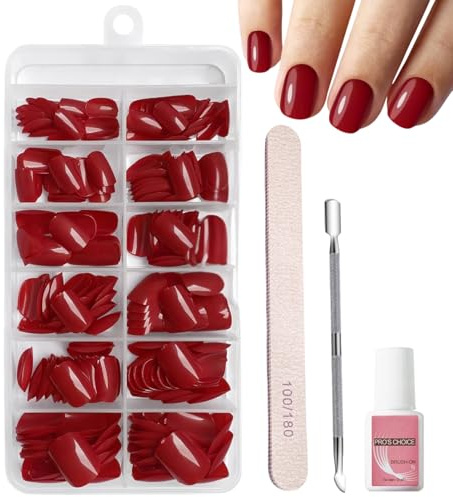 240 Pieces Red Press on Nails Short - Square Red False Nails with Nail File & Pusher - Acrylic Nails Full Cover Artificial Fingernails for Women Beginners DIY Manicure