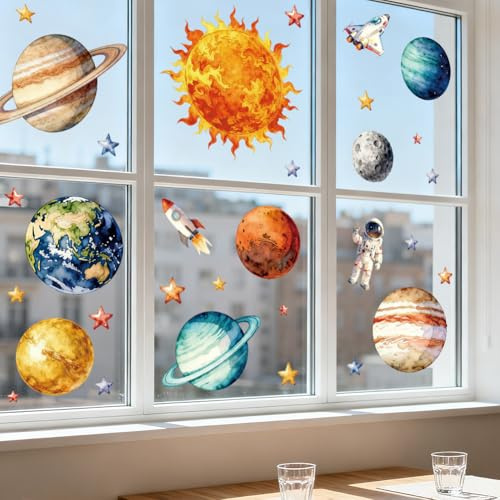 ANATTASOUL Planeten Und Astronauten Fensterbilder for Frühling Sommer | Doppelseitig Blickdichter Badezimmer Fensterbilder Kinderzimmer Wiederverwendbare Fensterbilder Frühling for Winter Herbst