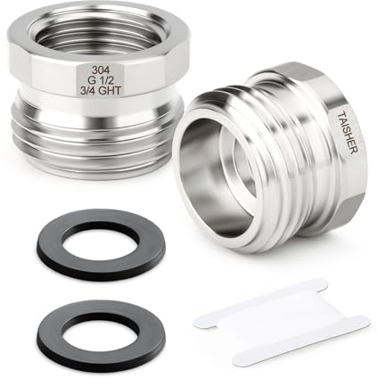 TAISHER 2PCS Acero inoxidable 304 Adaptador para manguera de jardín, Casquillo hexagonal 3/4 GHT macho x 1/2 BSP hembra Conector para manguera de jardín