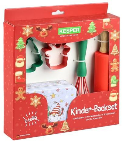 KESPER Children's Baking Set 5 Pieces - Rolling Pin, Whisk, 2 Cookie Cutters & Biscuit Tin | Christmas Baking Set for Children, Robust & Child-Friendly | 69128