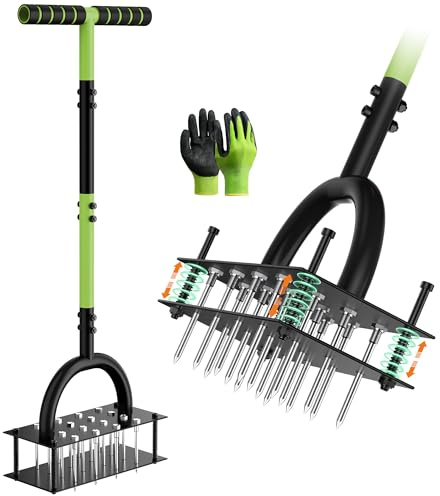 Grenebo Aeratore manuale per prato con 16 punte, aeratore per erba in metallo per cortile, aerazione del prato, espulsione automatica del terreno, strumento aeratore per prato pre-assemblato, aeratore