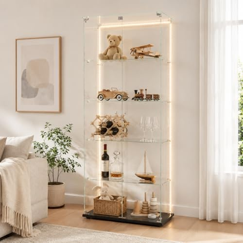 Glasvitrinskåp stående vitrinskåp med LED, stående glasvitrinskåp, 5 lager glas trä vitrinskåp 2 dörrar och lås monter glasskåp display skåp samlarvitrin (5 våningar, 2 dörrar LED-1, svart)