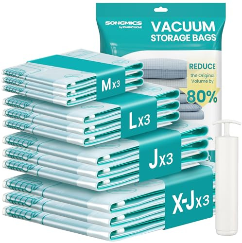 SONGMICS Vacuum Storage Bags With Hand Pump 12 Pack, 3M/3L/3J/3X-J | Vacuum Seal Suction Bags, 3M/3L/3J/3X-J, for Clothes Bedding Travel, Transparent, ISLAND Collection LVB107W101