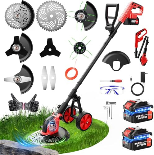 Cortadora de césped inalámbrica de 21 V, desbrozadora eléctrica de jardín con 2 baterías de 3.0 Ah, potente 20.000 RPM, 4 tipos de cuchillas, mango telescópico, pivotes de cabeza de 90°, para poda de