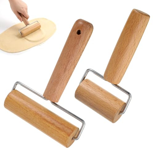 2Pcs Small Rolling Pin with Handle, Wooden T-Shape Non-Stick Pizza Roller