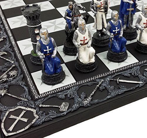 HPL Medieval Times Crusades Blue and White Armored Maltese Knights Chess Set with 17 Board