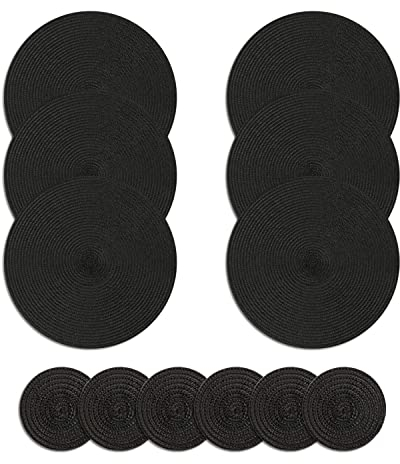 Homcomodar Round Placemats and Coasters Set of 6 Braided Woven Table Place Mats for Dining Table(Black)