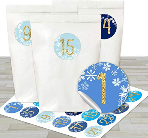 Papierdrachen - DIY Adventskalender zum Befüllen und Basteln - Komplettset - 24 weiße Papiertüten und 24 Zahlenaufkleber - Motiv weihnachtlich blau für Kinder und Erwachsene