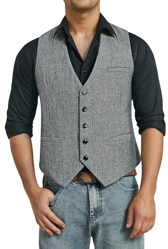 HISDERN Chaleco Formal Hombres Tweed Chaleco Lana Chalecos de Traje para Hombre Gris M