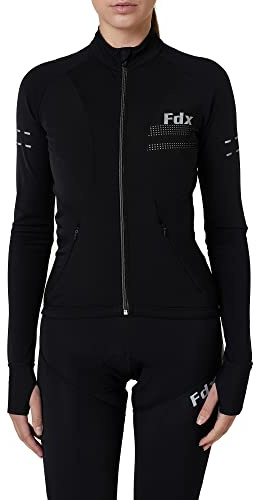 FDX Women’s Cycling Jersey, Italian Thermal Super Roubaix, Water Resistant, Windproof Cycle Top, Full Zipper Cycling Jacket, Hi-Viz Long Sleeve, Winter Cycle Shirt, Ladies Bike Clothing(Black-M)