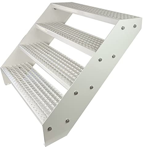 Premium Caillebotis acier Escalier à limon 4 Marches Entièrement galvanisé et Blanc Revêtu par poudre - Dimensions (L x l x H) 82cm x 100cm x 76cm