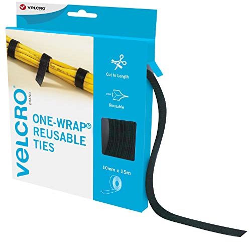 VELCRO Märke | En-wrap återanvändbara slipsar | multifunktionella slipsar perfekta skrivbordstillbehör för kabelhantering och heminredning | Svart | 10 mm x 15 m