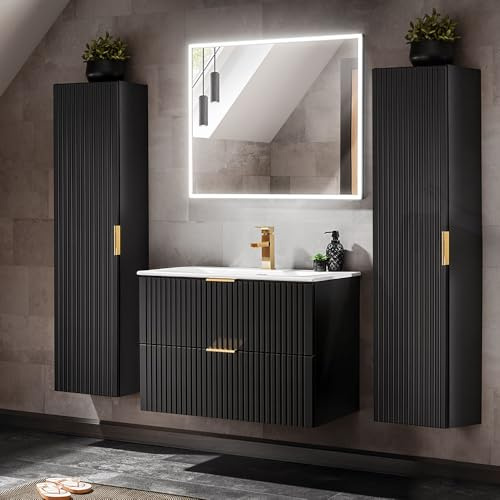Lomadox Badezimmermöbel Komplett Set, matt schwarz in Rillenoptik, 80cm Waschtisch mit Unterschrank, Keramik Waschbecken, LED-Spiegel, Hochschrank, B/H/T 180/200/46 cm