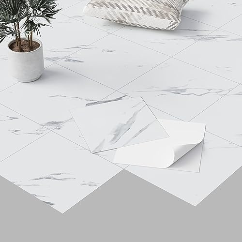 Homease PVC Bodenbelag Selbstklebende Marmoreffekt Vinylboden, Rutschfeste Wasserdichte Schneidbar Fliesenoptik Bodenfliesen für Küche Wohnzimmer Balkon, Matt Weiß 50 Fliesen 4.5m²