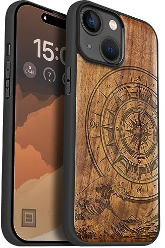 Carveit Holz Handyhülle für iPhone 15 Handyhulle kompatibel mit MagSafe Massivholz für Apple 15 Handyhülle Stoßfeste Stoßstange Weich TPU hulle（Nussbaum-Der Kompass vor Kanagawa Waves）. | Holz Cover kompatibel MagSafe Silikon Stoßfeste Case, Magnetisch Hull für iPhone 15 Handyhulle
