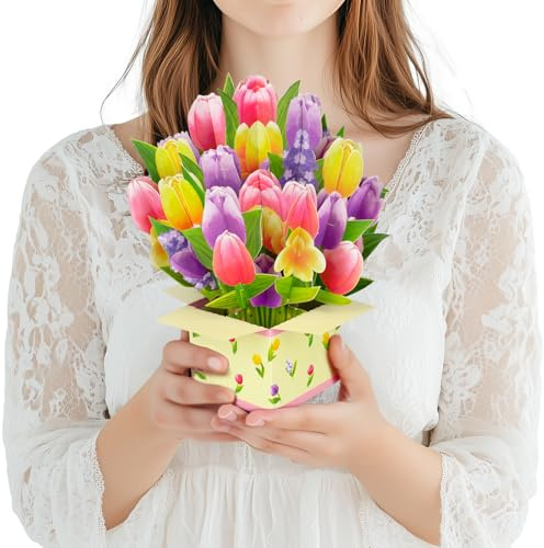 Magic Ants Blumen Papier Pop-up Karten - Blumenstrauß 3D Popup Grußkarte - Pop-up Geburtstagskarte für Mama - Jahrestagskarte-Dankeschön Karte für Frauen, Muttertag - Umschlag inklusive (Tulpe)