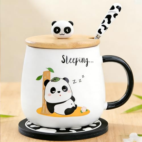 Disoza Panda Tasse avec Couvercle 420ml - Mug Café/Thé en Céramique avec Cuillère & Soucoupe - Cadeau d'Anniversaire/Noël pour Femme, Amie, Enfants