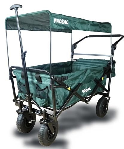 FROSAL Bollerwagen faltbar Nick PRO grün Luftreifen Sonnendach Kinder Bremse Handwagen Klappbollerwagen