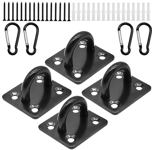 4 x Augplatte aus Edelstahl, Augplatte mit Öse, Ösenplatte, Augplatte Schwarz, Wandöse, Befestigungshaken mit 16 Schrauben und Kunststoff-Steckern für Wand-Befestigung, Decken-Befestigung, Wand-Haken
