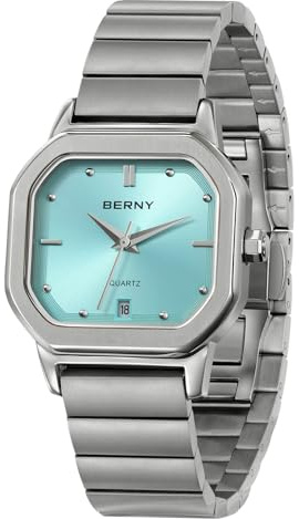 BERNY Quarzuhr für Männer Klassische Quadratische Uhr 3ATM Wasserdicht Analog-Armbanduhr Edelstahlarmband Freizeituhren