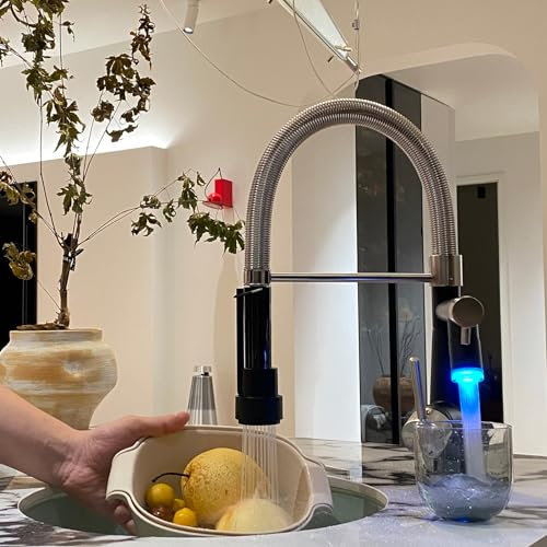 TIMACO LED Wasserhahn Küche mit Schloss Brause Ausziehbar - 360° Schwenkbarz- Einhebel Mischbatterie & Pull-Down-Spray - Hochdruck - Gebürstetes Nickel und Schwarz