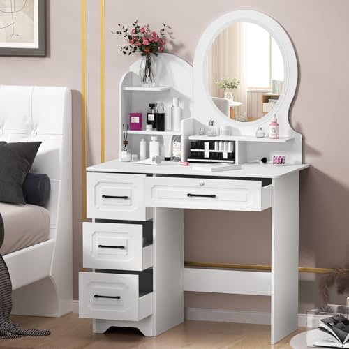 Schminktisch mit LED-Beleuchtung, Frisiertisch mit Spiegel, Kosmetiktisch mit 4 Schubladen und 6 offenen Ablagen, Make-up Tisch Modern für Schlafzimmer aus Holz, Kosmetiktisch mit Ablage Weiß