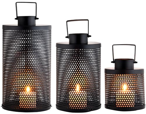 Marrakesch 3er Set Skandinavische Deko Windlicht Laterne Ninda 40cm schwarz aus Metall | Teelichthalter als Tischdeko Wohnzimmer Deko | Moderne Kerzenhalter Windlichter als Balkon Terrasse Garten Deko