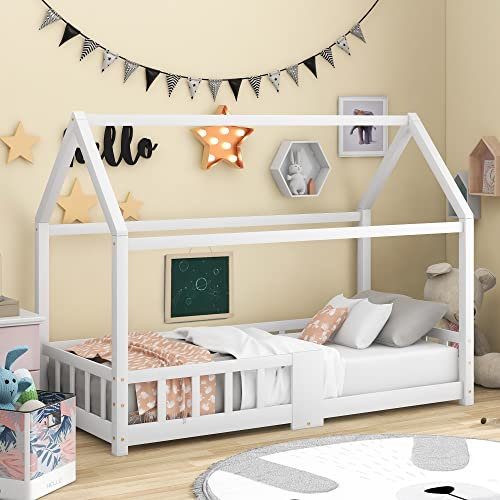 Kinderbett Hausbett 90x200cm, Bodenbett mit Dach und Tafel, Kinder Haus Bett mit Rausfallschutz und Lattenrost, Einzelbett aus Kiefernholz Jugendbett Bettgestell für Kinderzimmer, Ohne Matratze, Weiß
