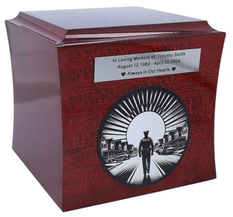 Urna para un policía, urna de cremación para policía, urna temática de madera para cenizas, con placa conmemorativa personalizada, ataúd de policía (diseño 2 / placa)