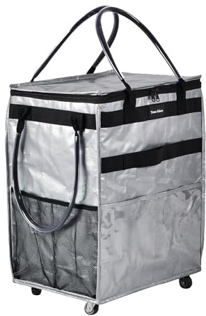 Reusable Grocery Bag On Wheels Large Capacity Shopping Trolley Foldable Rolling Tote with Outside Pocket, Heavy Duty Handle (Silver, Large)