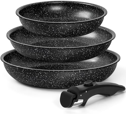 Jeu de 3 Poêles Antiadhésives MICHELANGELO à Revêtement Granit et Manche Amovible, 20-24-28 cm, Sans PFOA, Allant au Four, Noir