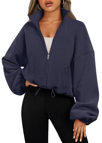 Timuspo Pullover Damen Reissverschluss Fleecejacke Ohne Kapuze Sweatshirt Langarm Kurze Kordelzug Sport Sherpa Hoodie mit Taschen Warme Jacke Marineblau S