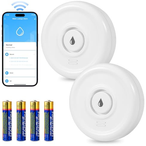 Wassrmelder WLAN Wassermelder Wassersensor mit Batterie 2 Stück Wasserstandssensor 100dB Wassermelder Wasseralarm Wassersensor WLAN Wasserwächter WLAN für Küchen Keller Badezimmer (2.4GHz WiFi)