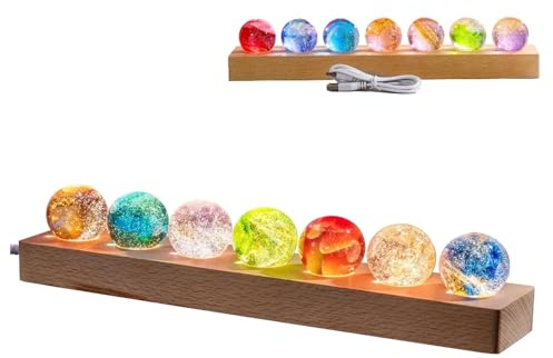 Dytabepl 7 Planet Kristallkugel mit LED Holzsockel, Kristallkuge Nachtlicht, 3D Planeten Ball Lampe, LED Astronomie Kristall-Eiskugeln, Sonnensystem Planeten Modell, Natürliche Heilkugeln Ornament