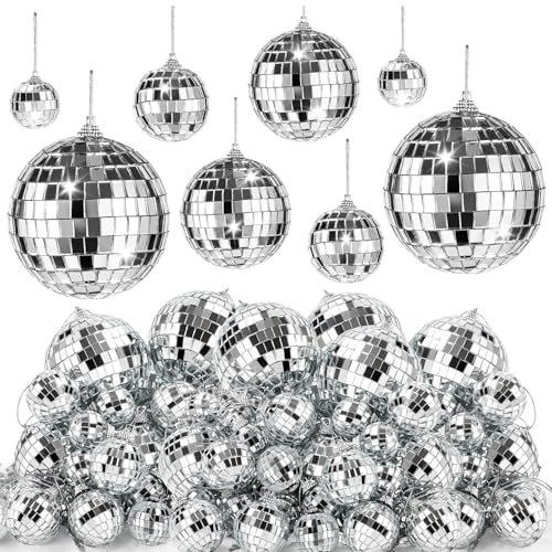 36 Pcs Mirror Disco 4D Ball Silver Hanging Disco 4D Ball Small Party Mirror Balls Cool Reflective Decor Christmas Tree Ornaments for Wedding Party Dance Music Festival, 4Sizes