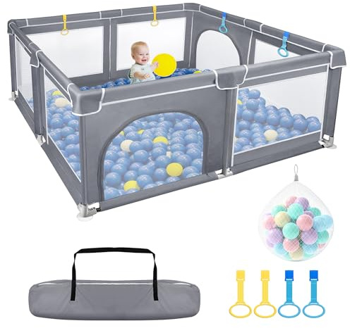 Froadp Parque infantil plegable y parque infantil, valla para bebés, valla de barrera con red transpirable y 50 bolas, piscina de pelotas para niños y bebés, gris oscuro, 180 x 150 x 68 cm