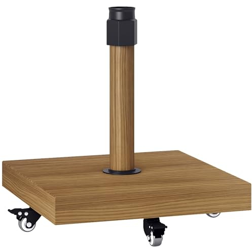 Outsunny Pied de parasol en béton, avec roulettes, freins, carré, poids de parasol, support pour parasol Ø 36/38/48 mm, pour balcon, terrasse, jardin, bois naturel