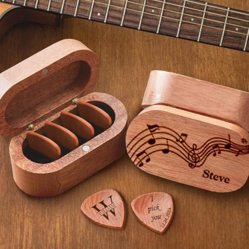 Magnetische Aufbewahrungsbox für Gitarrenplektren aus Holz mit graviertem Namen, individueller Gitarrenplektren-Halter, Mini-Schmuckschatulle, einzigartiges Geschenk für Musiker, Gitarrenspieler,