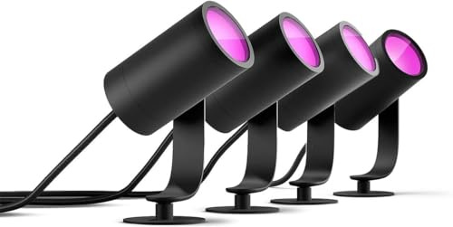 Philips Hue White & Color Ambiance Lily Gartenspot Standard Set mit 40W Netzteil (590 lm), dimmbare Außenleuchte mit 16 Millionen Farben, smarte Lichtsteuerung über Sprache oder App, schwarz, 4er Pack