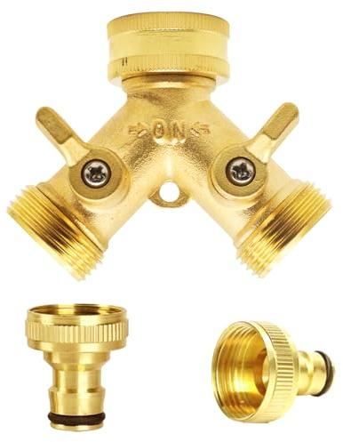2 Way Garden Brass Hose Faucet Splitter, Double Way 3/4 Garden Hose Tap Connector, Individually Controllable Valves with 2 Quick Connector for Hose Pipe Irrigation Tool Fitting
